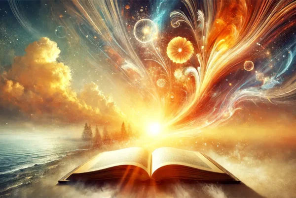 열린 책에서 빛이 발산되며 지식과 깨달음을 상징하는 영감을 주는 이미지. 배경에는 평화로운 자연 경관과 떠오르는 태양이 보이며, 책에서 아이디어와 생각들이 흐르는 추상적인 표현이 나타나 있습니다.