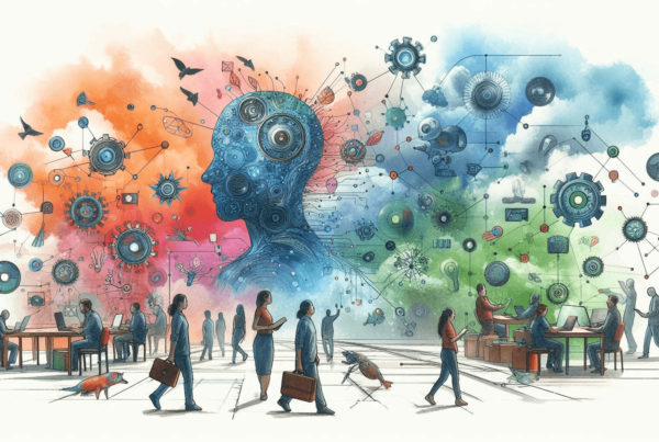다양한 기술 요소와 연결된 사람들을 묘사한 일러스트레이션. 기계와 인간의 상호작용을 상징하는 이미지